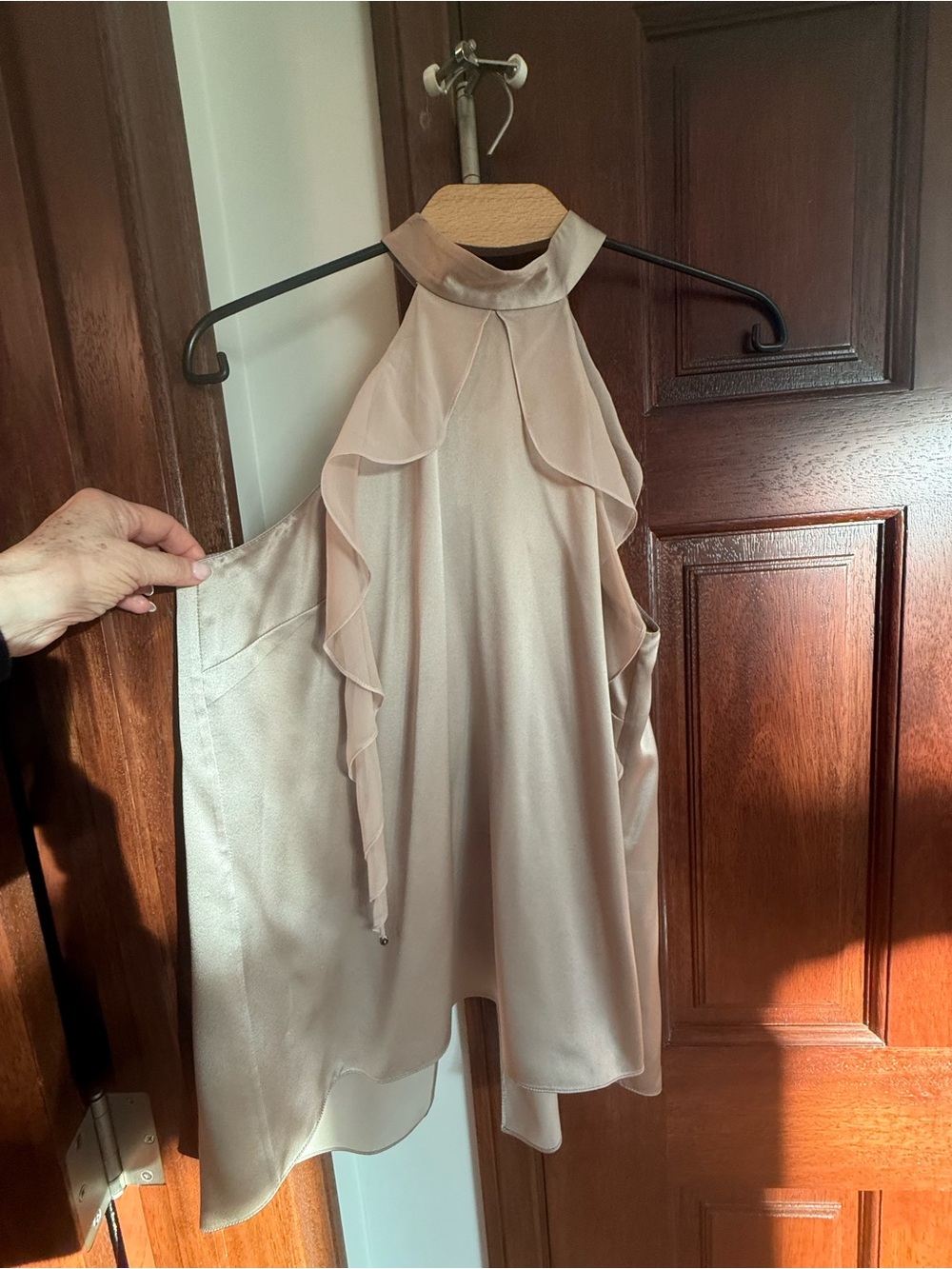 Tahari Silk Ruffle Halter Blouse  in Champagne Taupe